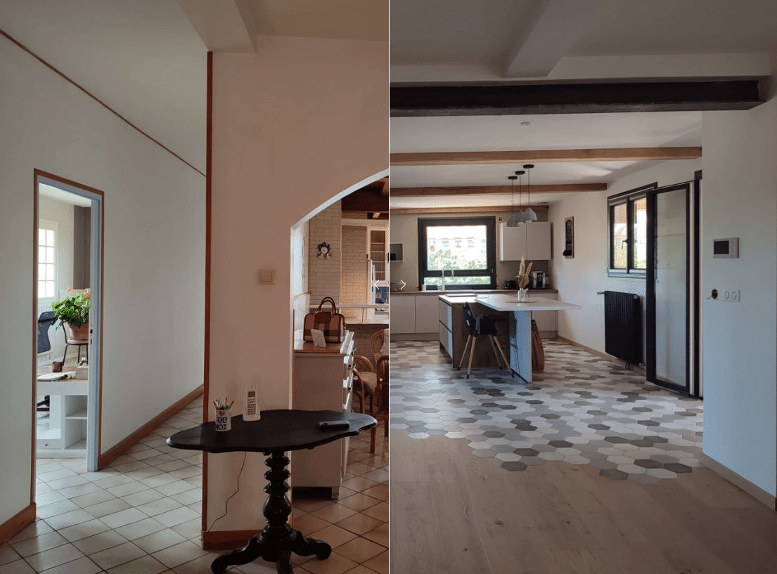 Avant/après rénovation: passage d'un espace fermé à une cuisine ouverte moderne avec îlot, poutres apparentes, sol bois et carrelage hexagonal gris.